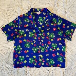 Y2K Frog Print Button-Up Top